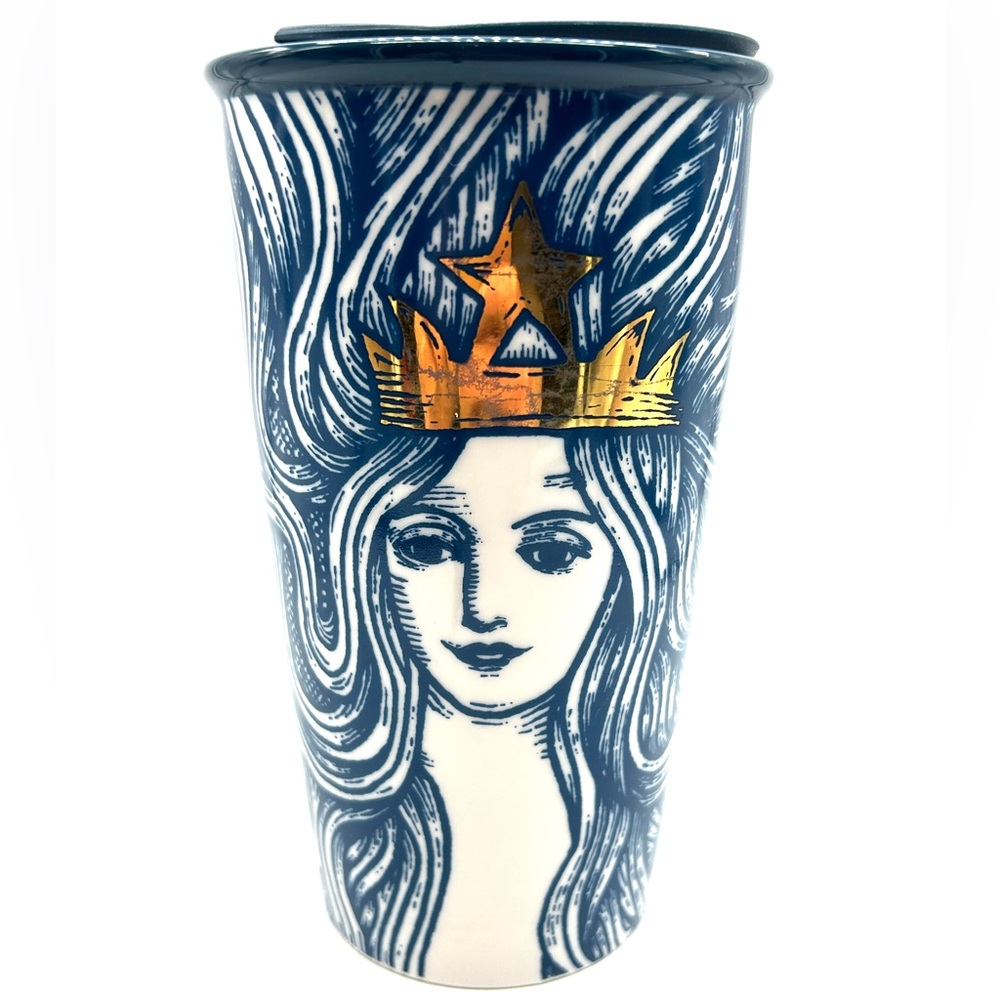 Starbucks 2016 Gold Crown Blue Mermaid Siren 12oz Ceramic Travel Tumbler Mug - Picture 1 of 16